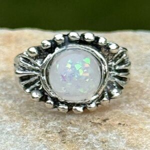 💖 Dainty Silver Tone Faux Opal Ring 4.75